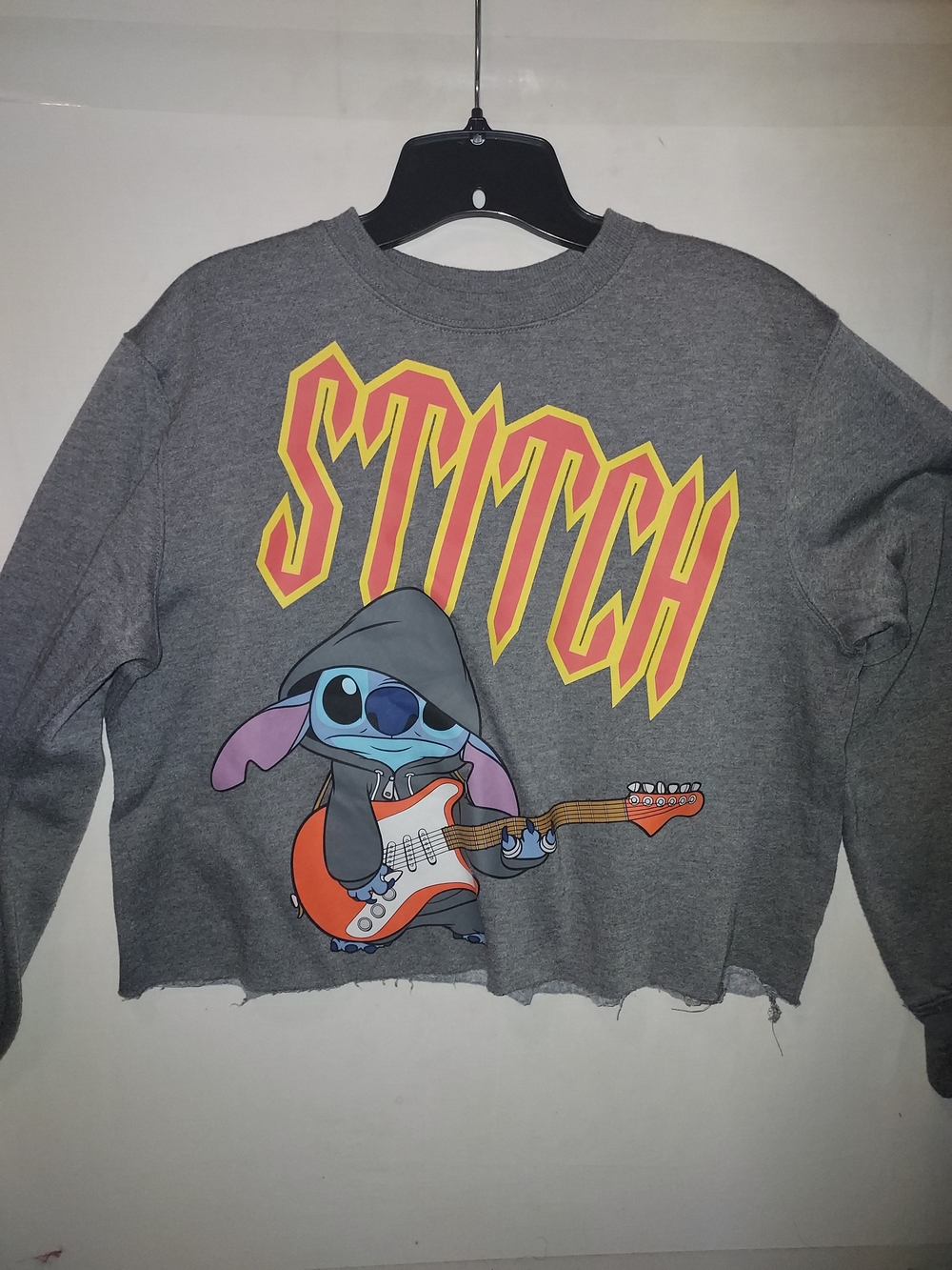 Disney Gray Cropped Sweatshirt with Yellow & Red STITCH Graphic